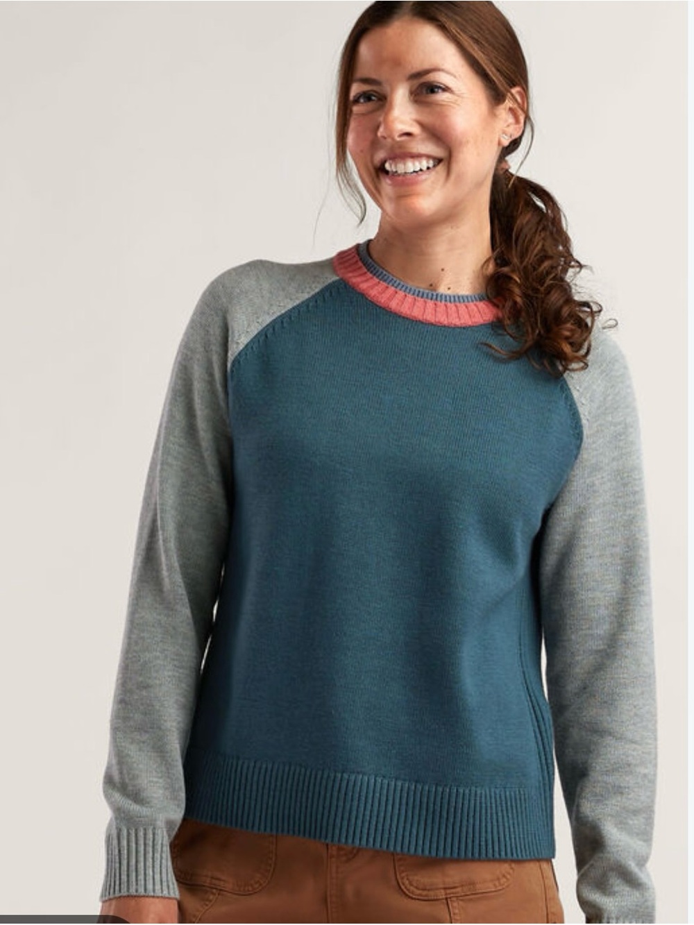 Title Nine Teal Body Crewneck Sweater with Gray Sleeves and Coral Trim